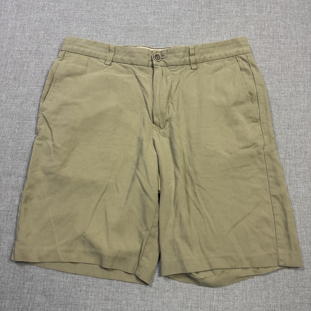 Tommy Bahama Chino Shorts Mens 33 Beige Silk Satin‎ 9" Inseam Flat Front